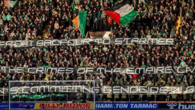 جمهور سلتيك يقاوم "زهرة البوبي" ويحمّل بريطانيا مسؤولية إبادة فلسطين